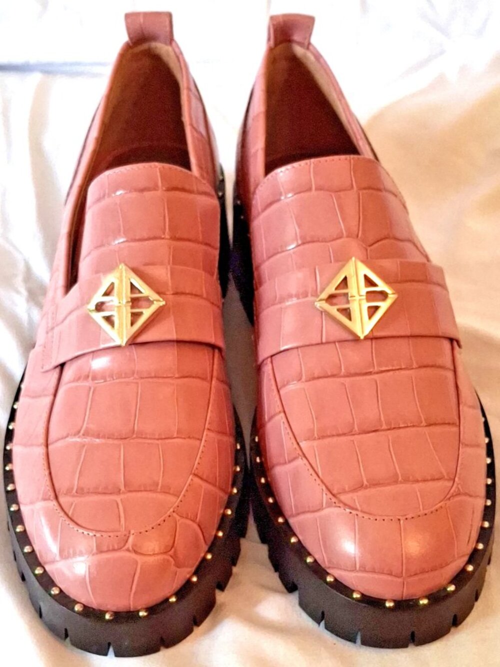 Antonio Melani Pink Croc-Embossed Leather Loafer Flats Studded 8.5